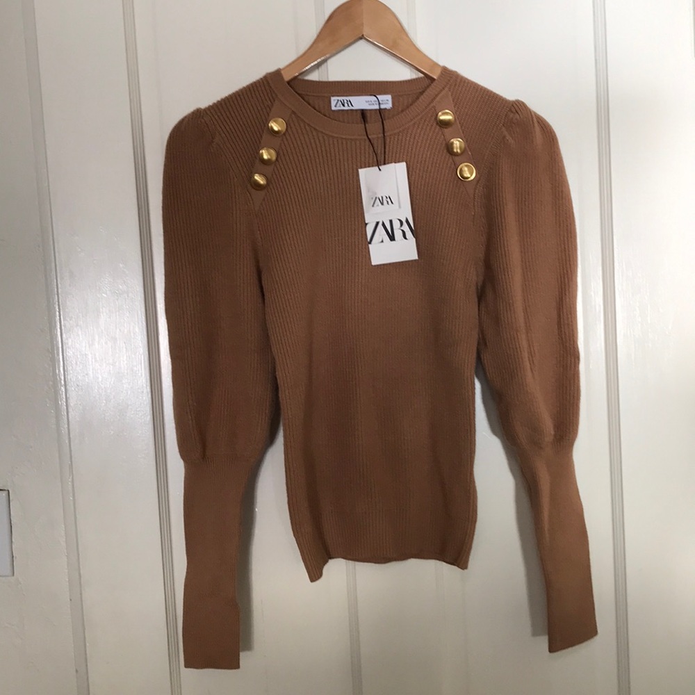 Zara Camel Tan Button-Shoulder Ribbed Sweater - Picture 9 of 13